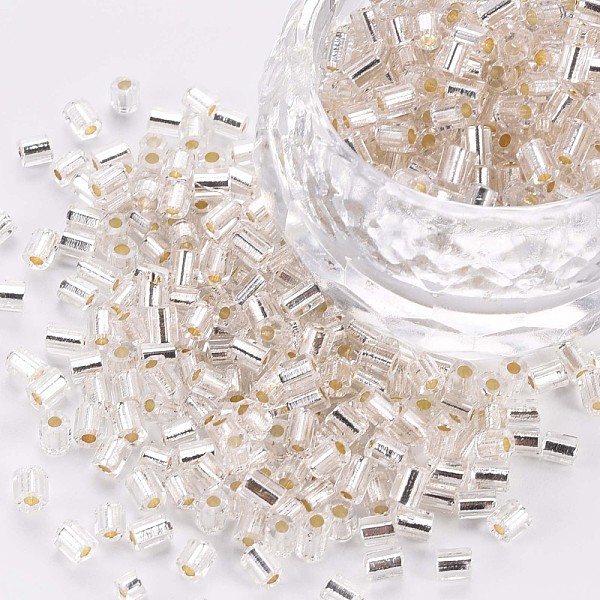 

PandaHall 8/0 Glass Bugle Beads, Silver Lined, Floral White, 2.5~3x2.5mm, Hole: 1mm, about 15000pcs/pound Glass