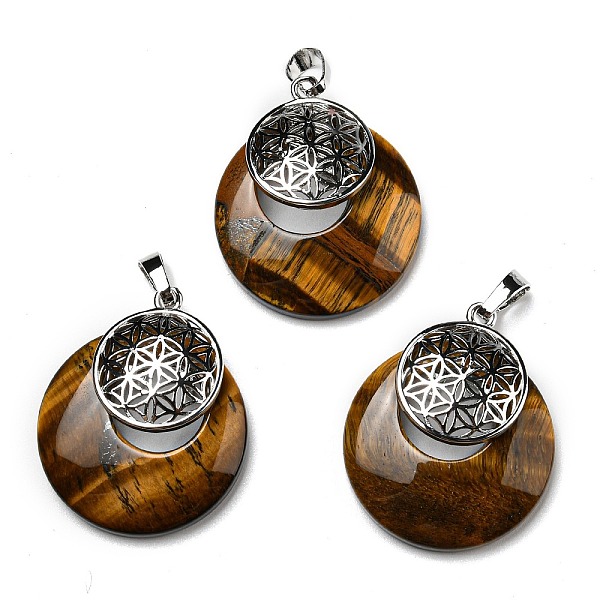 

PandaHall Natural Tiger Eye Pendants, Spiritual Charms, with Platinum Tone Brass Findings, Flat Round with Flower of Life/Sacred Geometry...