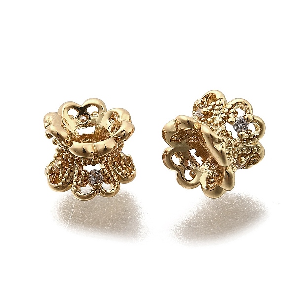 Brass Micro Pave Clear Cubic Zirconia Bead Caps, Flower, Real 18K Gold Plated, 6.5x5.5mm, Hole: 1.5mm