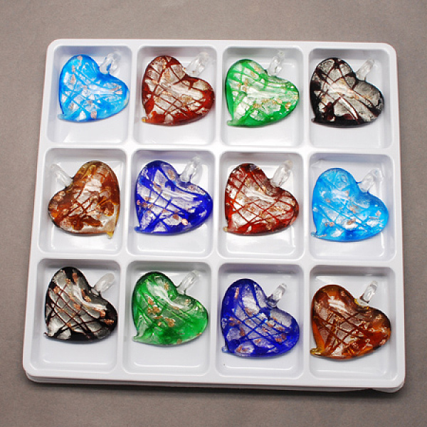

PandaHall Handmade Silver Foil Lampwork Pendants, with Gold Sand, Heart, Mixed Color, 47~51x43~47x14~20mm, Hole: 7~12mm, 12pcs/box Silver..., Multicolor