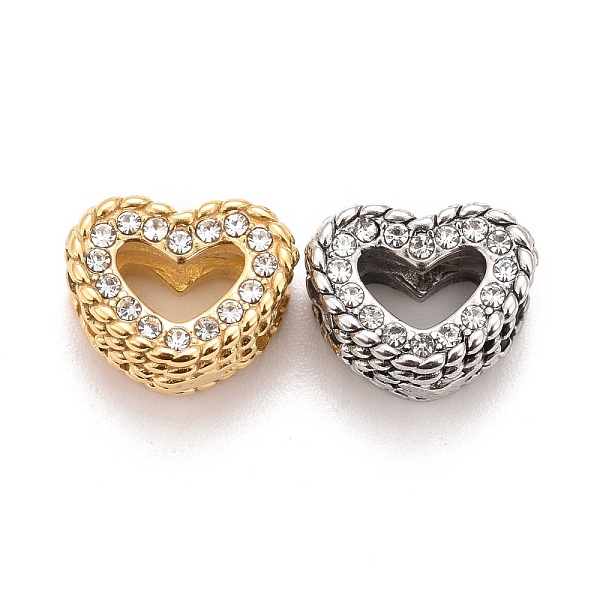 

PandaHall 304 Stainless Steel European Beads, with Rhinestone, Large Hole Beads, Heart, Golden & Stainless Steel Color, 10x12.5x7.5mm, Hole..., Clear