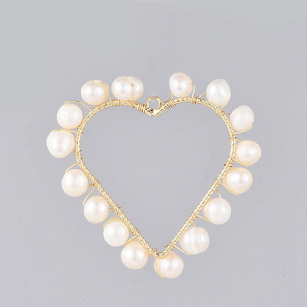 

PandaHall Natural Cultured Freshwater Pearl Pendants, Wire Wrapped Pendants, with Alloy Findings, Heart, Golden, 38x39x5~6mm, Hole: 1.8mm...