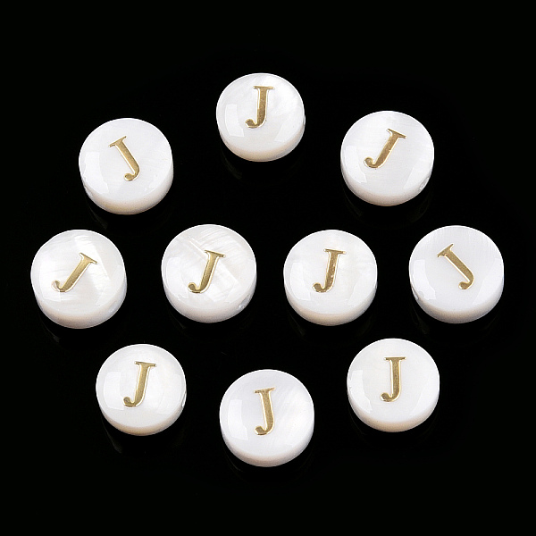 

PandaHall Natural Freshwater Shell Beads, with Golden Plated Brass Etched Metal Embellishments, Flat Round with Letter, Letter J...