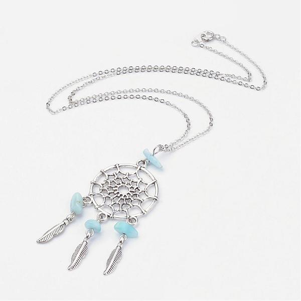 

PandaHall Alloy Pendant Necklaces, Woven Net/Web with Feather, with Natural Larimar Beads and Brass Chain, Antique Silver and Platinum, 17.9...