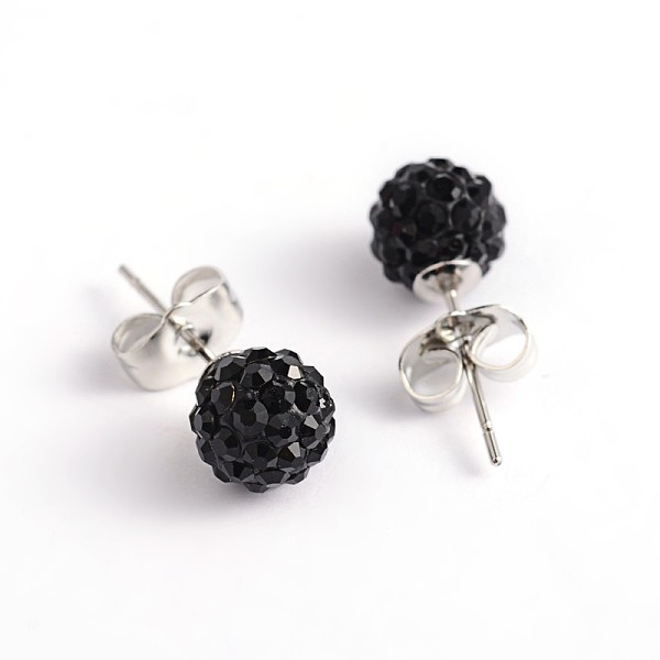 

PandaHall Polymer Clay Rhinestone Ball Stud Earrings, with Steel Pins, Jet, 8~9mm, Pin: 0.8mm Rhinestone Black