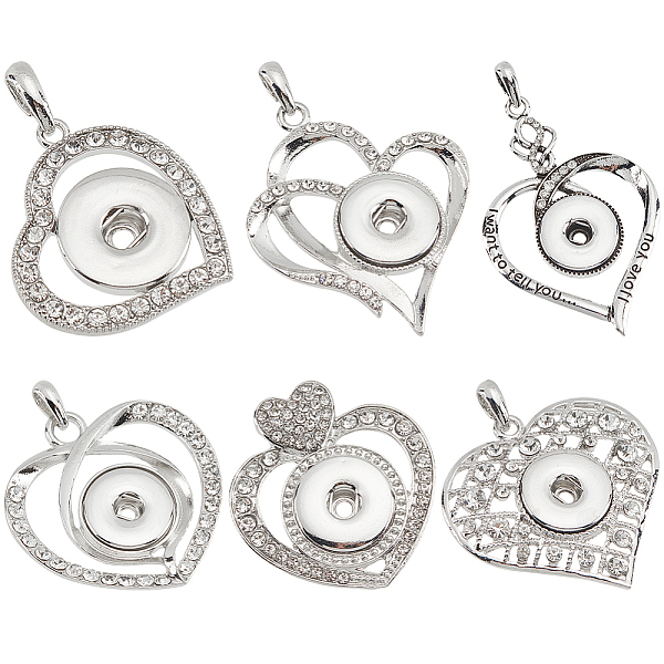 

PandaHall 6Pcs 6 Style Heart Alloy Rhinestone Hang Snap Base Big Pendants, for Interchangeable Snap Charms Jewelry Making, Platinum..., Clear