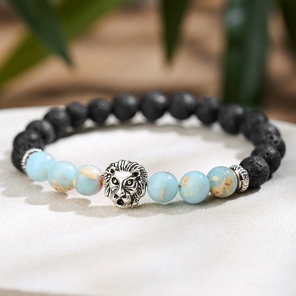 Bracelets extensibles en perles rondes de pierre de lave naturelle et de pierre shoushan