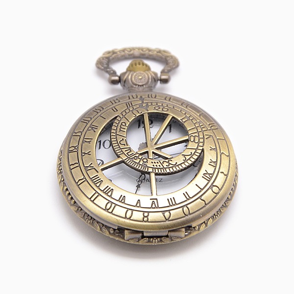 

PandaHall Roman Number Vintage Hollow Flat Round Alloy Quartz Watch Heads Pendants for Pocket Watch Necklace Making, Antique Bronze...