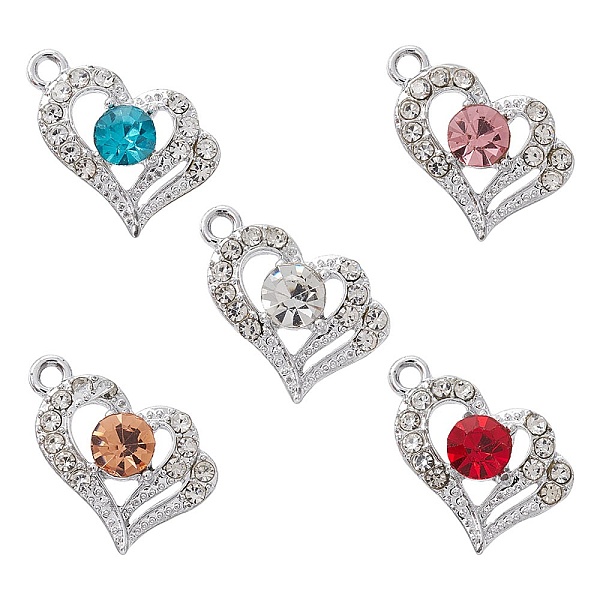

PandaHall 5Pcs 5 Colors Alloy Rhinestone Pendants, Silver Color, Heart Charms, Mixed Color, 20.5x13x5mm, Hole: 2mm, 1Pc/color..., Multicolor