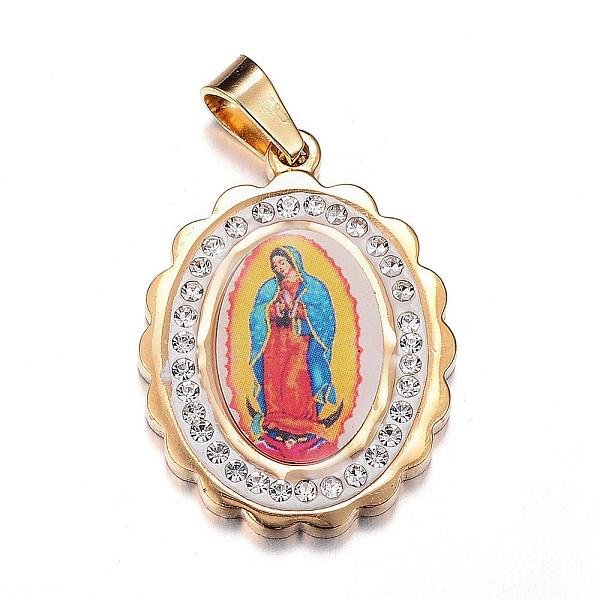 PandaHall 304 Stainless Steel Lady of Guadalupe Pendants, with Polymer Clay Rhinestones and Paper, Oval with Virgin Mary, Golden, 28x21x3mm... PandaHall 304 Stainless Steel Lady of Guadalupe Pendants, with Polymer Clay Rhinestones and Paper, Oval with Virgin Mary, Golden, 28x21x3mm...