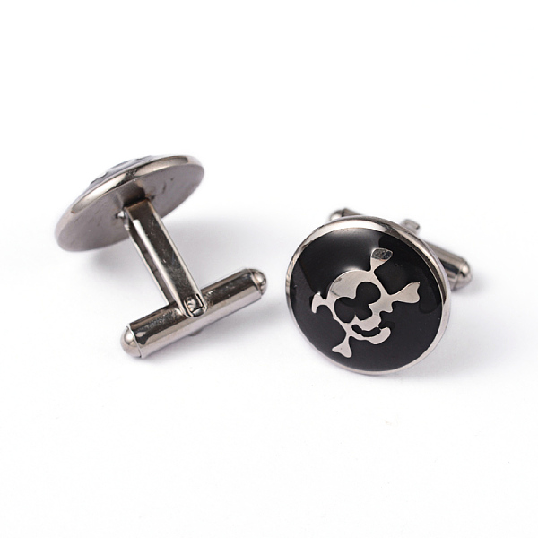 Flat Round With Skull 304 Stainless Steel Enamel Cufflinks