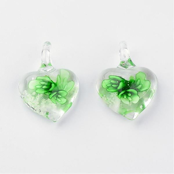 

PandaHall Handmade Luminous Lampwork Pendants, with Inner Flower, Heart, Light Green, 27~33x21~23x9~11mm, Hole: 4~7mm Lampwork Heart Green