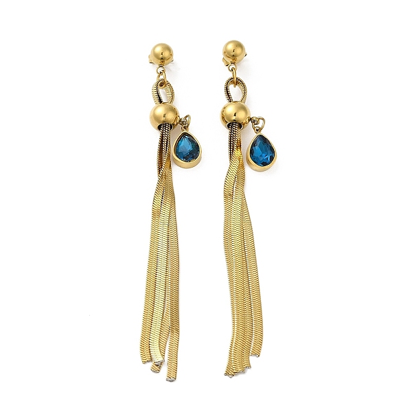 

PandaHall Rhinestone Long Dangle Stud Earrings, Golden Titanium Steel Chains Tassel Earrings, Teardrop, 90x9.6mm Rhinestone Teardrop