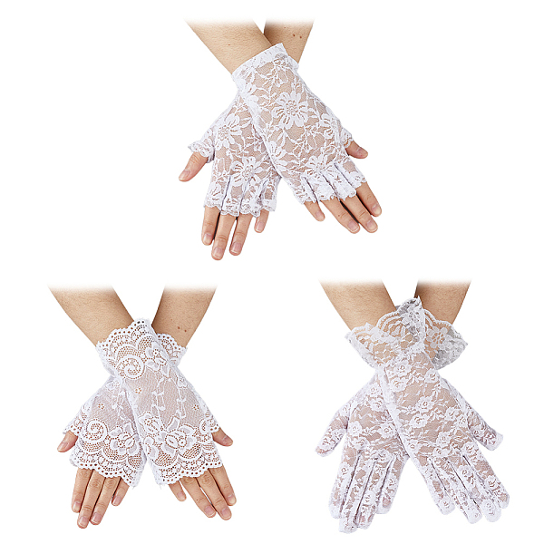 

PandaHall SUPERFINDINGS 3 Pairs 3 Style Flower Pattern Lace Gloves, for Wedding Bride Supplies, White, 175~255x70~120x0.5~1.3mm, 1...