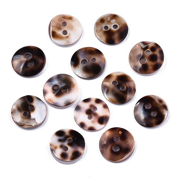 PandaHall Natural Spiral Shell Buttons, 2-Hole, Imatation Leopard Print, Flat Round, Coffee, 12~13x1.5~3mm, Hole: 1.5mm Shell Flat Round...