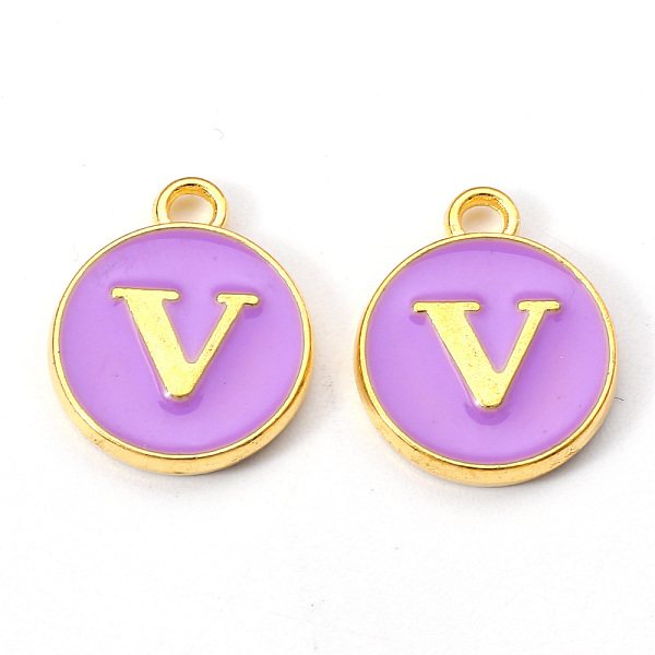 

PandaHall Golden Plated Alloy Enamel Charms, Enamelled Sequins, Flat Round with Letter, Medium Purple, Letter.V, 14x12x2mm, Hole: 1.5mm...