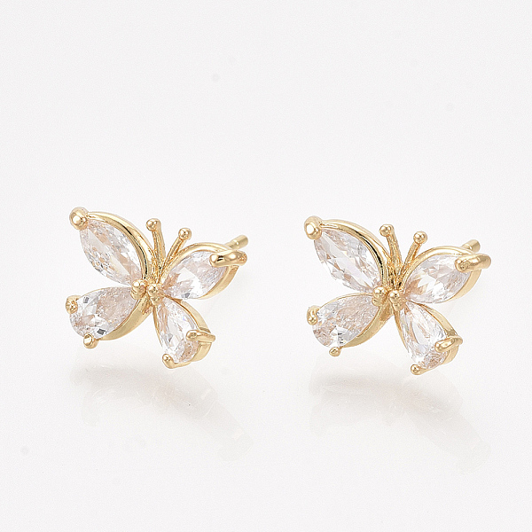 

PandaHall Brass Earring Studs, with Cubic Zirconia, Butterfly, Real 18K Gold Plated, 9.5x13.5mm, Pin: 0.8mm Cubic Zirconia Clear