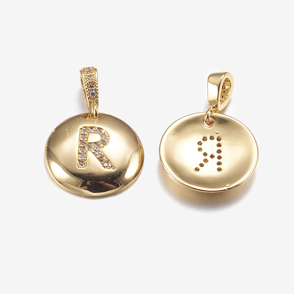 

PandaHall Brass Pendants, with Cubic Zirconia, Cadmium Free & Lead Free, Flat Round with Letter, Golden, Letter.R, 22mm, Hole: 2x3mm...