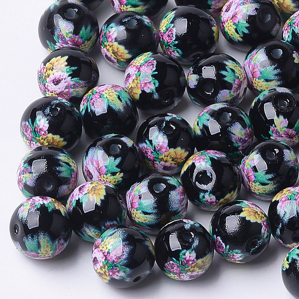 

PandaHall Printed & Spray Painted Glass Beads, Round with Flower Pattern, Black, 8~8.5x7.5mm, Hole: 1.4mm Glass Flower Black