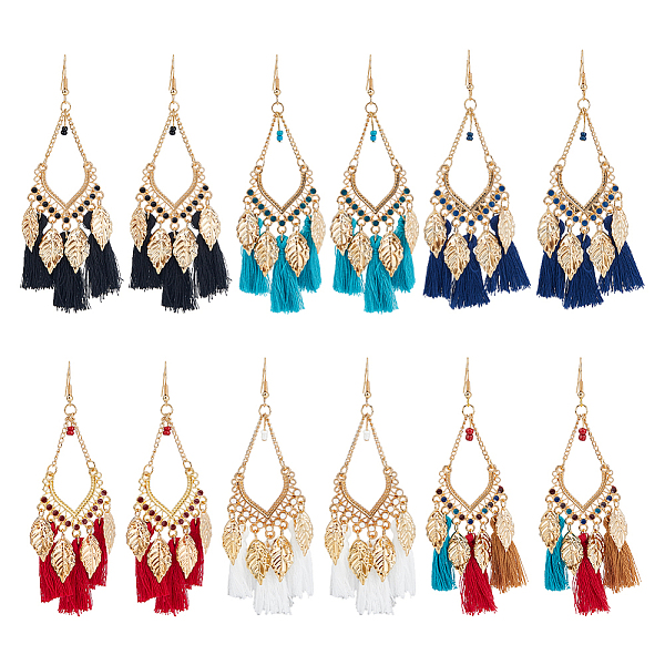 

PandaHall FIBLOOM 6 Pairs 6 Colors Leaf & Cotton Tassel Chandelier Earrings, Golden Alloy Enamel Long Drop Earrings with Iron Pins, Mixed..., Multicolor