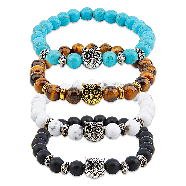 

PandaHall FIBLOOM 4Pcs 4 Styles Natural & Synthetic Mixed Gemstone & Glass & Alloy Owl Beaded Stretch Bracelets Set for Women, Inner...