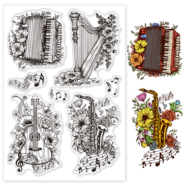 

PandaHall GLOBLELAND Floral Musical Instruments Clear Stamps Accordion Harp Saxophone Guitar Rubber Stamps Silicone Stamps for DIY...