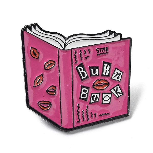 PandaHall Book & Lip Enamel Pins, Black Alloy Brooches for Backpack Clothes Women, Deep Pink, 26x28x1.5mm Alloy+Enamel Book