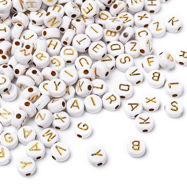 

PandaHall Plating Acrylic Beads, Metal Enlaced, Horizontal Hole, Mixed Letters, Flat Round, Golden Plated, 7x4mm, Hole: 1.8mm Acrylic Flat..., White