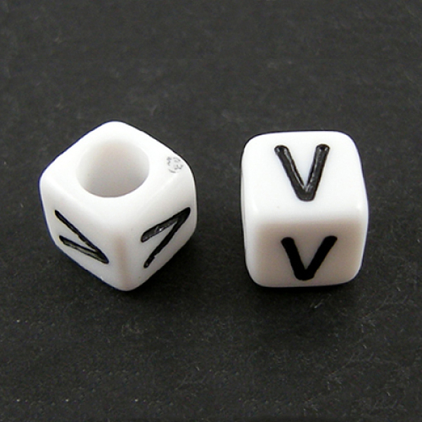 

PandaHall Letter Acrylic European Beads, Horizontal Hole, Cube, Letter.V, 10x10x10mm, Hole: 3.5~4mm, about 59pcs/50g Acrylic Cube White