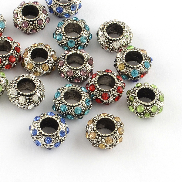 

PandaHall Rondelle Antique Silver Plated Metal Alloy Rhinestone European Beads, Large Hole Beads, Mixed Color, 11~12x6mm, Hole: 5mm..., Multicolor