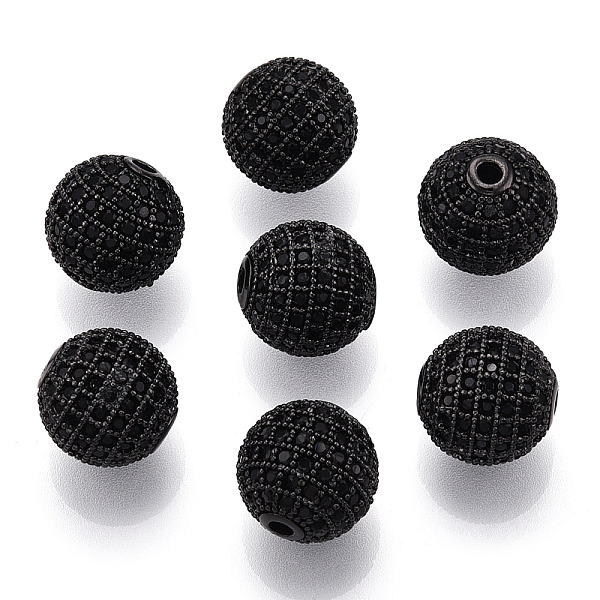 Brass Micro Pave Cubic Zirconia Beads, Cadmium Free & Lead Free, Round, Black, Gunmetal, 12mm