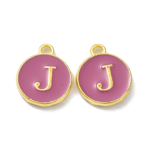 pandahall golden plated alloy enamel charms, cadmium free & lead free, enamelled sequins, flamingo, flat round with letter, letter. j...