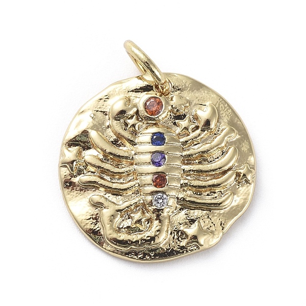 

PandaHall Brass Micro Pave Cubic Zirconia Pendants, with Jump Rings, Flat Round, Constellation, Colorful, Golden, Scorpio, 14~15x2mm, Hole...