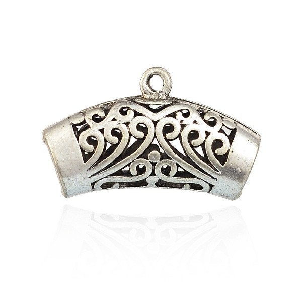 

PandaHall Tibetan Style Alloy Tube Bails, Loop Bails, Scarf Bail Beads, Curved Hollow Tube with Flower Pattern, Antique Silver, 32x19x7mm...