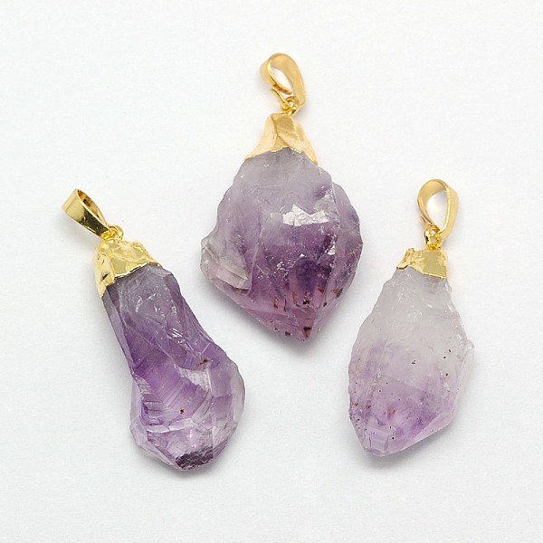 PandaHall Natural Raw Rough Gemstone Amethyst Pendants, with Golden Plated Brass Findings, Irregular Nuggets 20~38x13~22x12~27mm, Hole...
