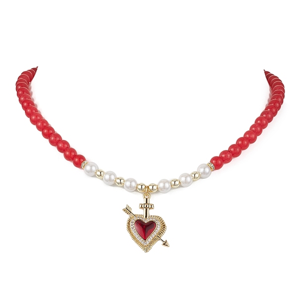 

PandaHall Heart Brass Cubic Zirconia Pendant Necklace, with Dyed Natural Malaysia Jade & Shell Pearl Beaded, Red, 15.59 inch(39.6cm)...