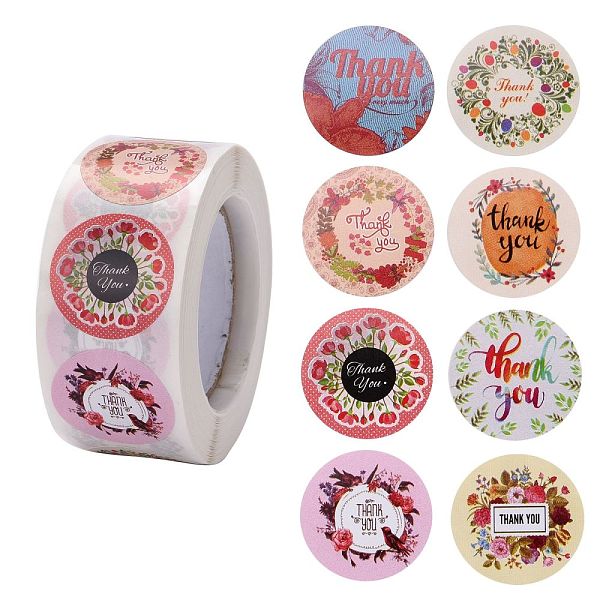 PandaHall Thank You Stickers, Paper Stickers, Round with Word, Self-Adhesive Gift Tag Labels, Flower Pattern, 6.3x2.95cm, 500pcs/roll Paper...