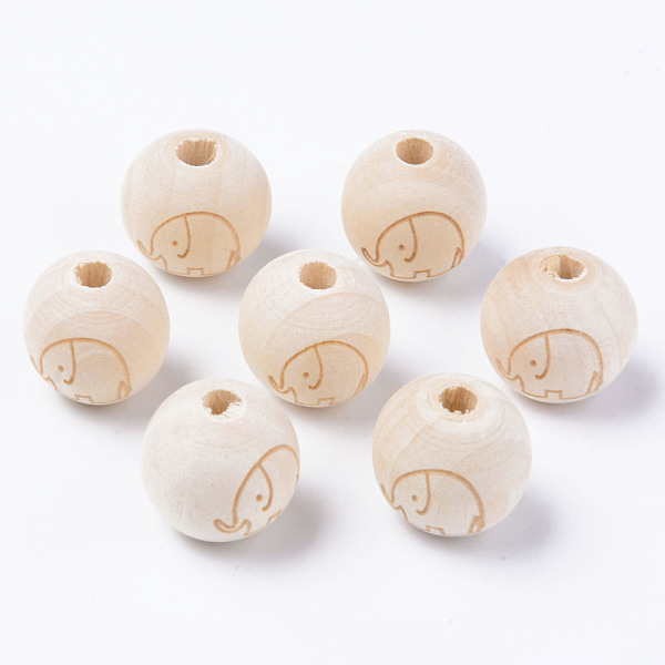 

PandaHall Unfinished Natural Wood European Beads, Large Hole Beads, for DIY Painting Craft, Laser Engraved Pattern, Round with Elephant...
