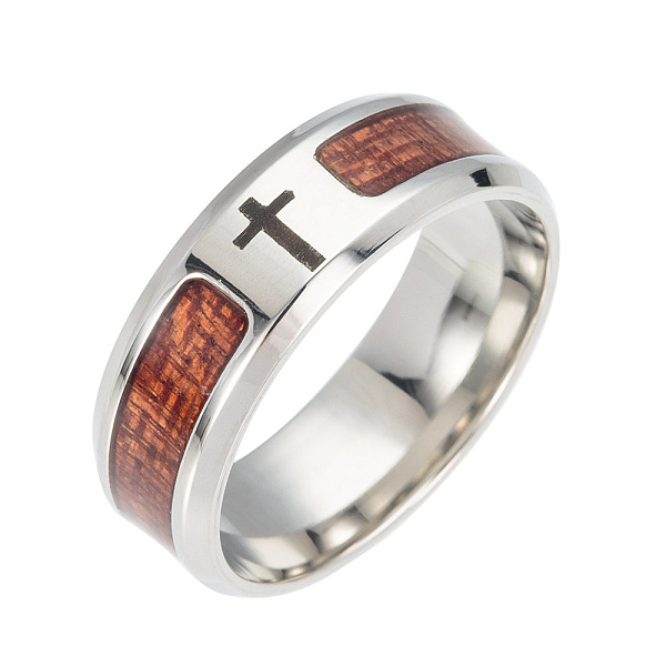 PandaHall Stainless Steel Wide Band Finger Rings, with Acacia, Cross, Size 13, Stainless Steel Color, 22.3mm Stainless Steel