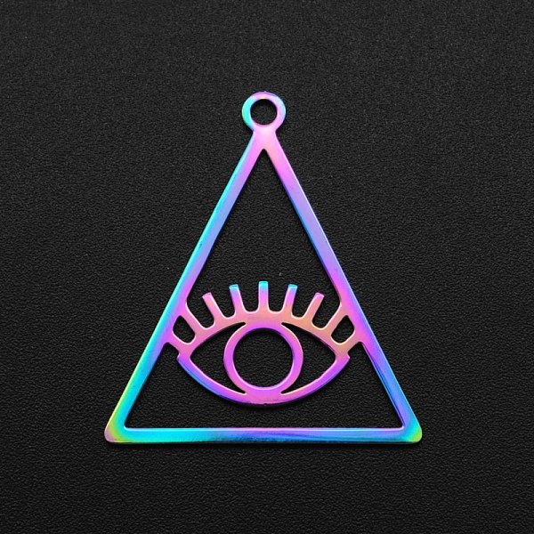 

PandaHall Ion Plating(IP) 201 Stainless Steel Pendants, Laser Cut, Hollow, Triangle with Eye, Rainbow Color, 30x26.5x1mm, Hole: 2mm 201...