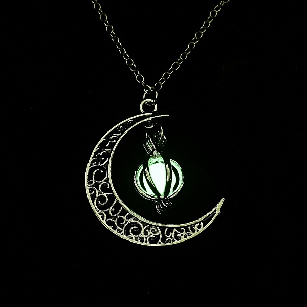 

PandaHall Luminous Alloy Locket Pendant Necklaces, Glow in the Dark, Moon with Pumpkin, Lime, 18.38 inch(46.7cm) Alloy Green