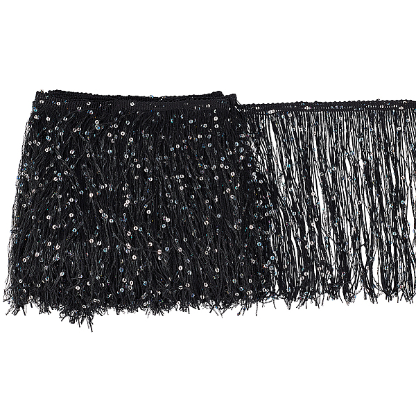 BENECREAT 5.5Yard Sequins Lace Tassel Fringe Trim, 7-7/8 inch Black Tassel with Silver Sequins Fringe Yarn Thread Tassel Trim for DIY Craft Clothing Garment Accessories