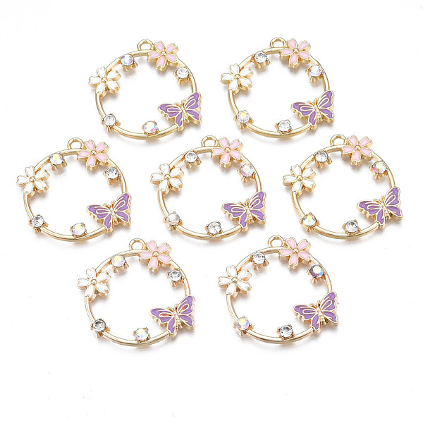 

PandaHall Rack Plating Alloy Enamel Pendants, with Crystal AB Rhinestone, Cadmium Free & Nickel Free & Lead Free, Light Gold, Flower with...
