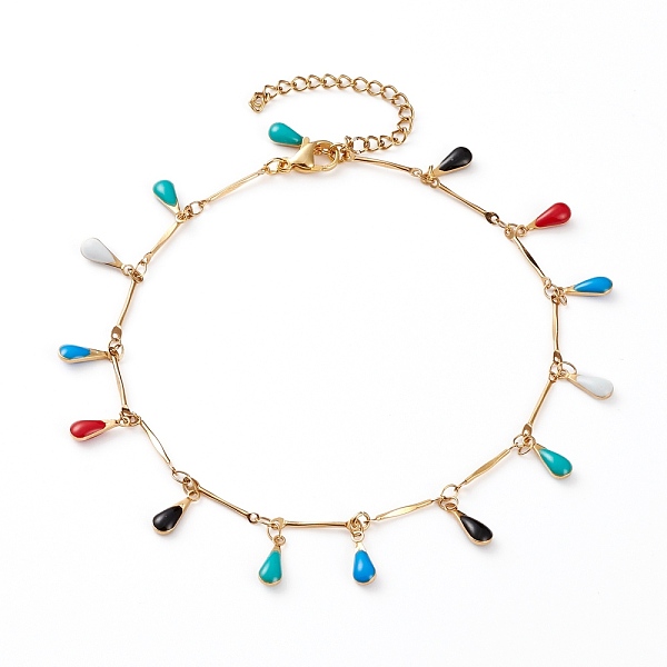 

PandaHall 304 Stainless Steel Teardrop Charm Anklets, with Enamel and Bar Link Chains, Colorful, Golden, 9-7/8 inch(25cm) Stainless Steel