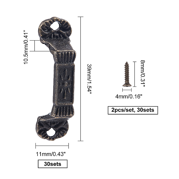 

PandaHall SUPERFINDINGS Zinc Alloy Handle, with Screw, Jewelry Box Accessories, Antique Bronze, 39x11x10.5mm, Hole: 2.5mm, 30sets/box Alloy