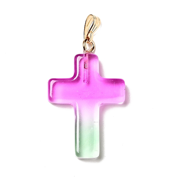 

PandaHall Two Tone Transparent Glass Pendants, with Golden Plated Iron Findings, Cross, Magenta, 28.5x18x4.5mm, Hole: 5.5x3mm Iron+Glass..., Pink