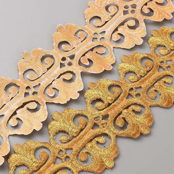 

PandaHall Floral Embroidery Iron on/Sew on Polyester Ribbon Patches, Hollow Trim for Costume Accessories, Goldenrod, 2-3/4 inch(70mm), about..., Gold