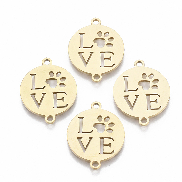 

PandaHall 201 Stainless Steel Links connectors, Laser Cut, Flat Round with Word Love & Paw, Golden, 20.5x16x1mm, Hole: 1.5mm 201 Stainless...