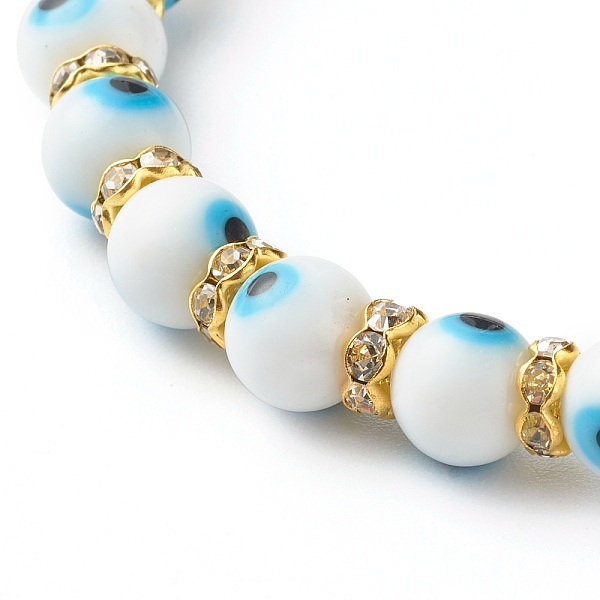 

PandaHall Handmade Evil Eye Lampwork Beaded Stretch Bracelets, with Flat Round Brass Rhinestone Beads, White, Inner Diameter: 2-1/2 inch...