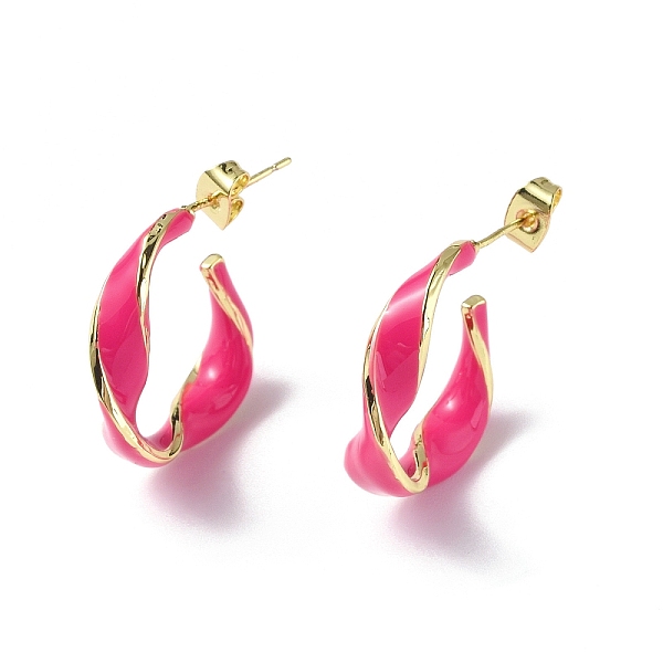 

PandaHall Enamel Twist Stud Earrings, Real 18K Gold Plated Brass Half Hoop Earrings for Women, Deep Pink, 25x21x9mm, Pin: 0.8mm Brass Twist